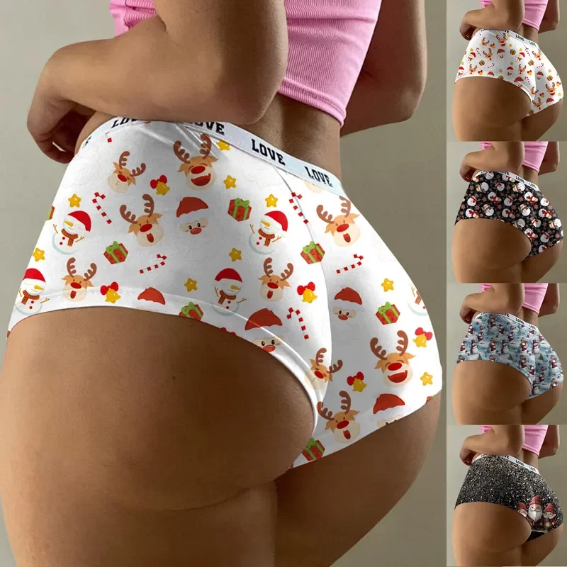 Pantalones cortos con estampado navideño para mujer, ropa interior divertida, bragas cortas para mujer, pijamas de talla grande, ropa interior sin costuras para mujer