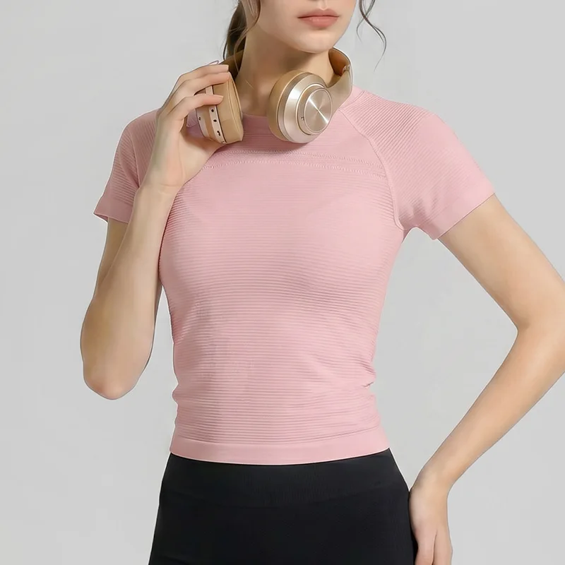 Damen Kurzarm Yoga-Kleidung Mädchen Schnelltrocknende Trainings-Pilates-Fitness-Tops Lauf-Sport Einfarbige T-Shirts