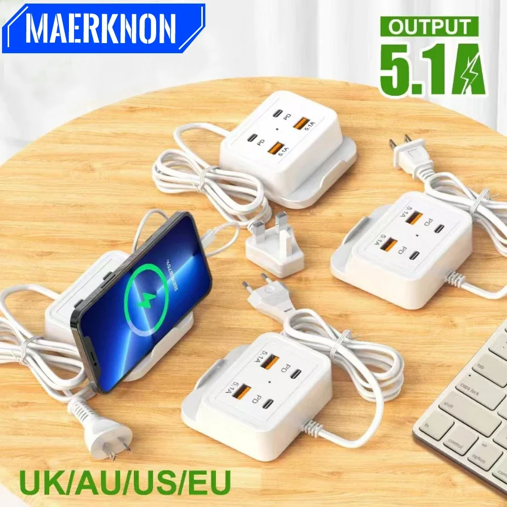 

5.1A 2pd 2usb 4 Ports with Stand Fast Charging EU US UK Plug Wall Quick Mobile Phone Charger For IPhone 15 Xiaomi Samsung