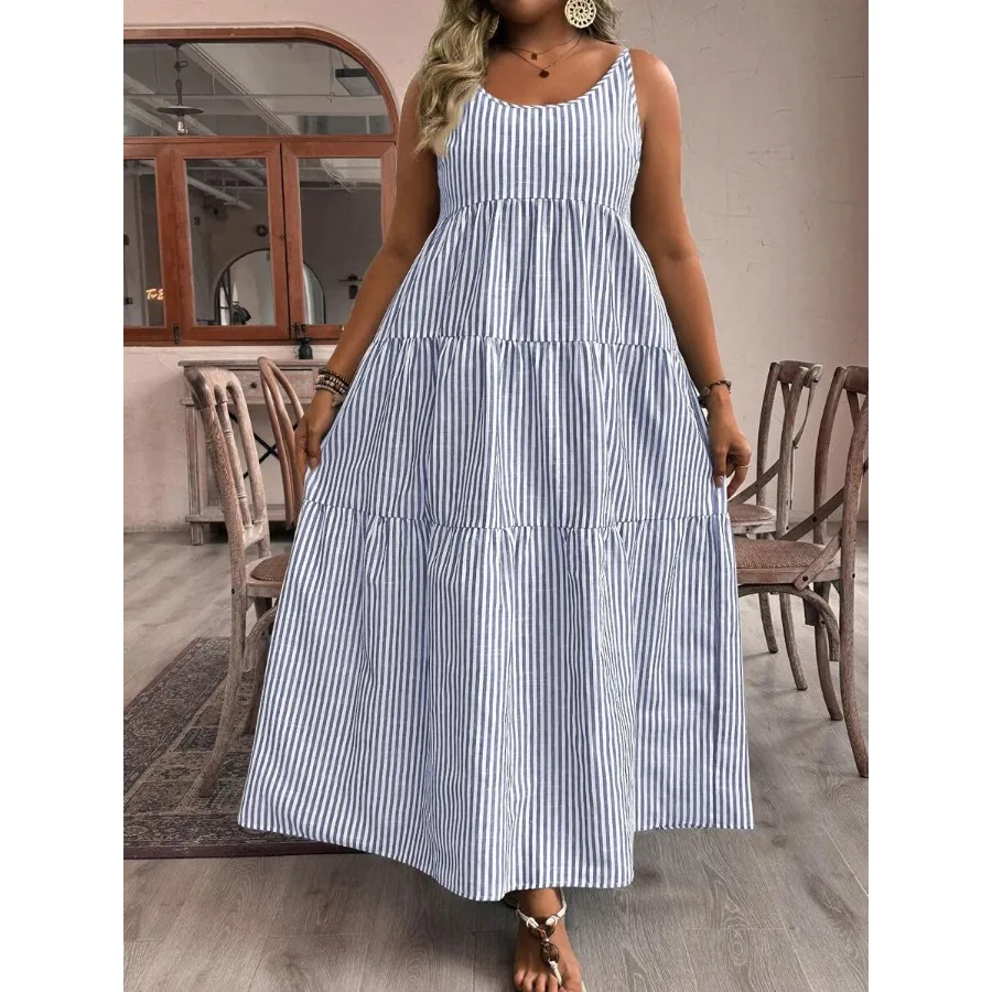 

【New style】 VCAY Plus Size Women Boho Striped Round Neck Sleeveless Ruffle Hem Long Dress, For Summer, Beach Dress Sundress, Ho