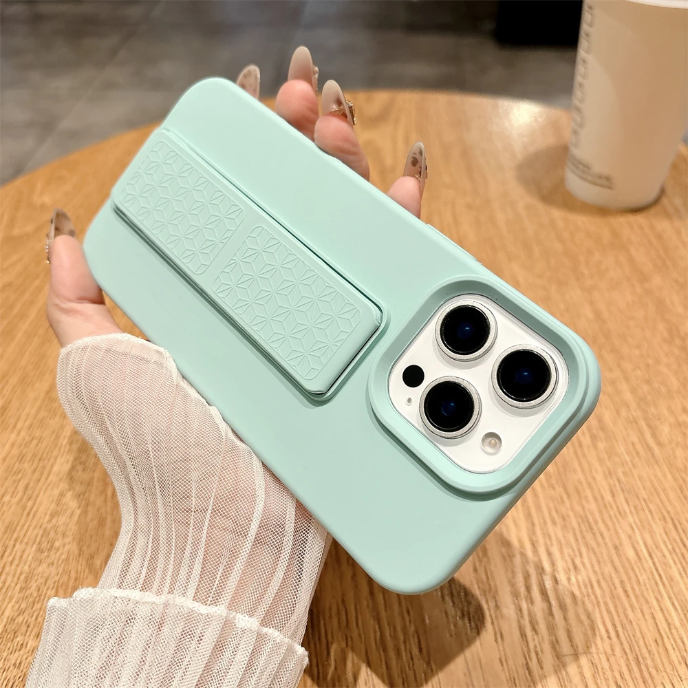 

Skin Feel Wristband Grip Phone Case for iPhone 13 16 Pro Max 12 15 14 Plus Stand Holder Shockproof Liquid Silicone Soft Cover