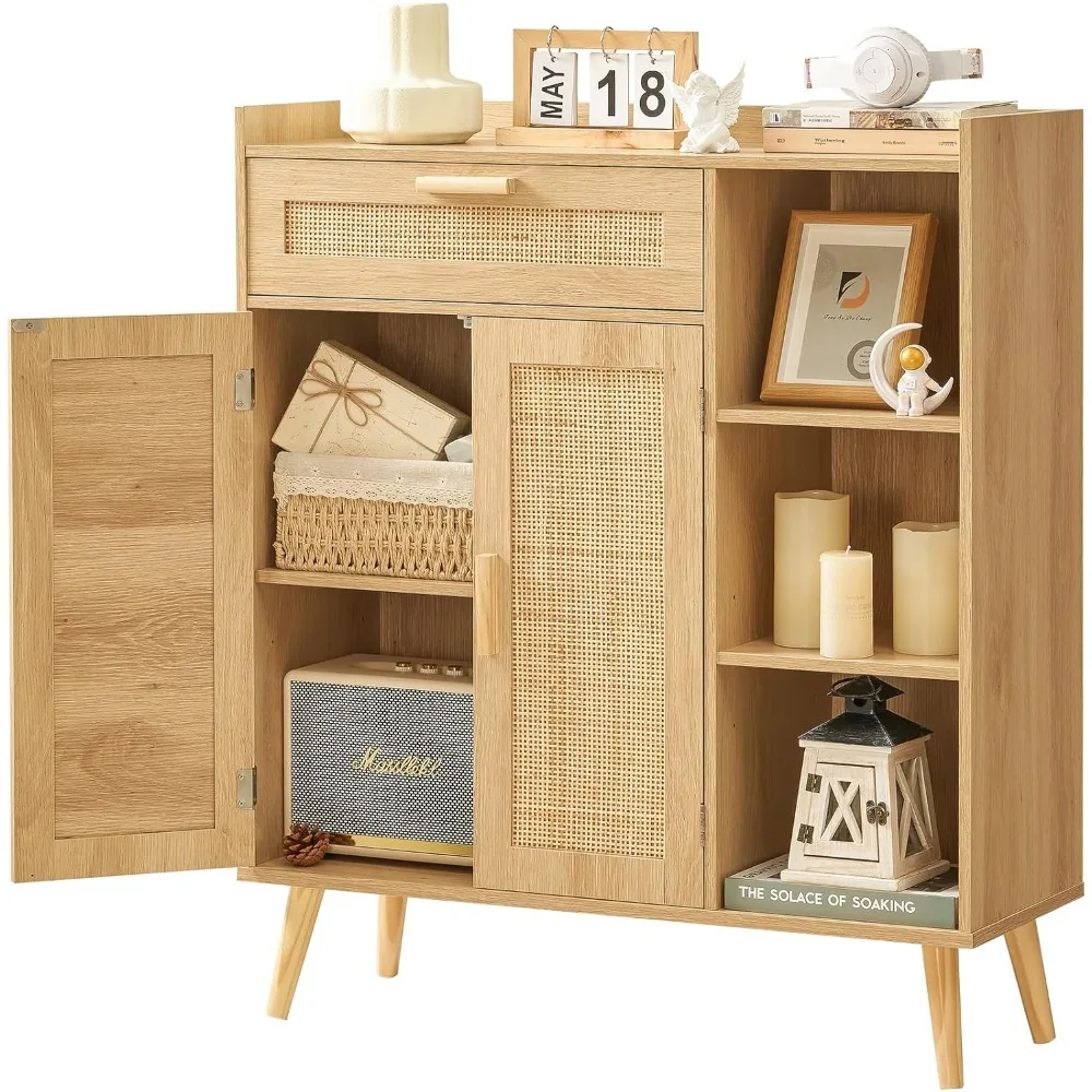 

Storage Cabinet with Rattan Doors, Rattan Sideboard Cabinet with 1 Large Drawer, 2 Doors & 3 Shelves, Freestanding Storage