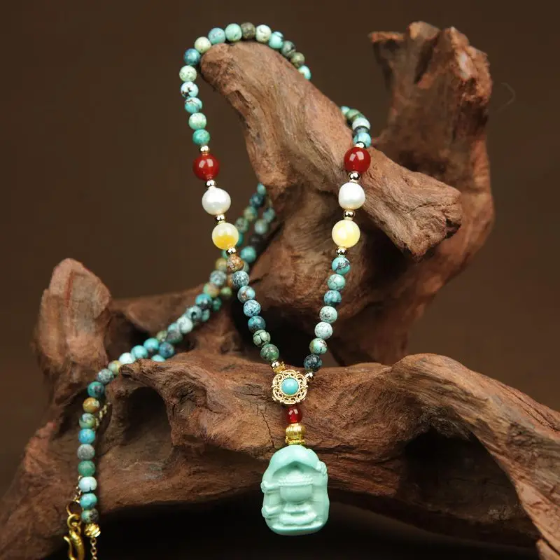 

UMQ Natural Raw Ore Turquoise with Invisible Buddha 108 Necklace Pendant Exquisite High Porcelain Buddha Beads Jewelry