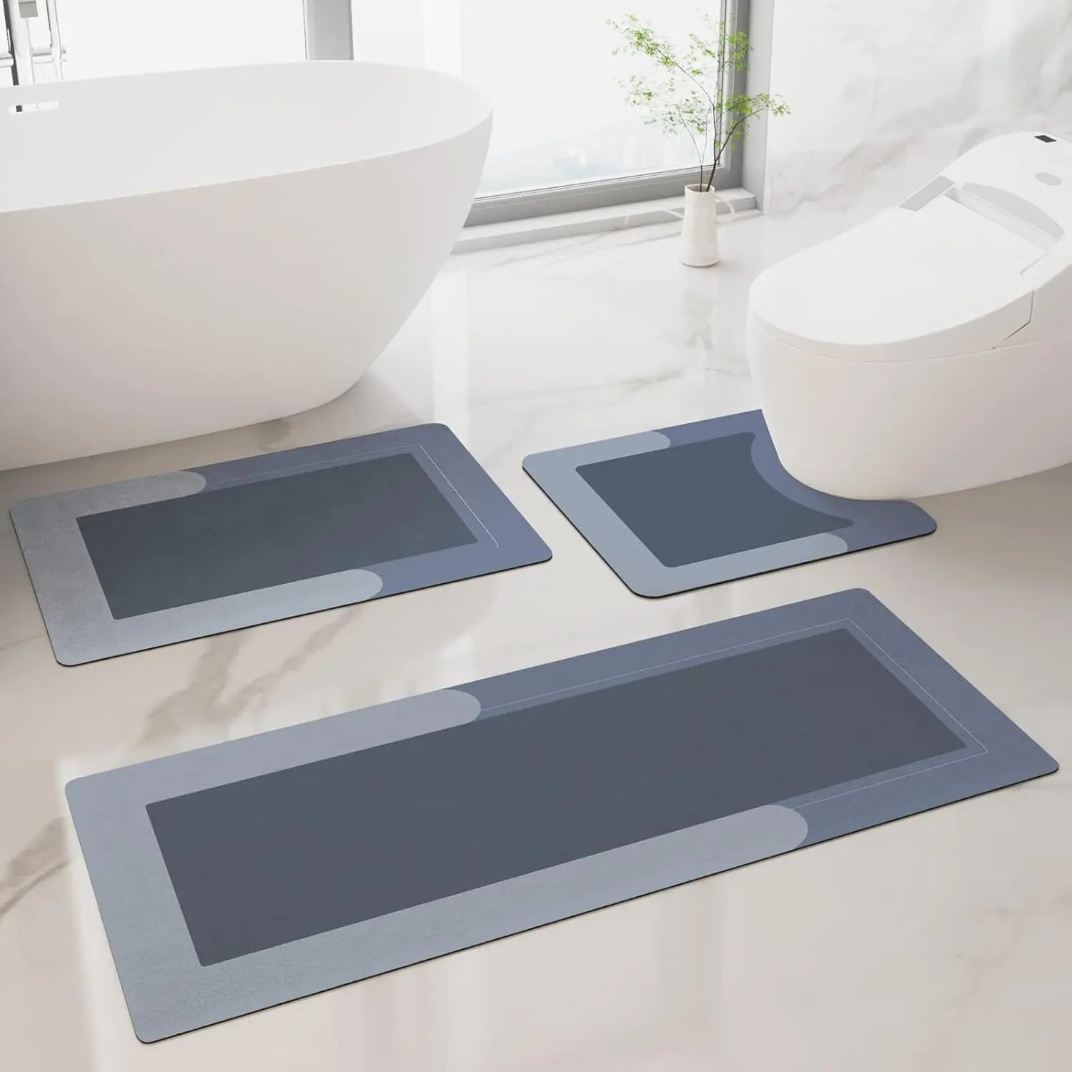 

3PCS Non-Slip Quick Dry Bath Mat Set Super Absorbent Washable Blue Rug for Bathroom Shower Sink