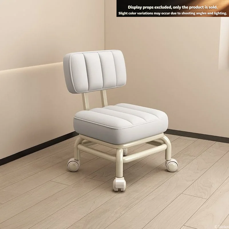Low Stool with Backrest & Casters, Soft Padded Rolling Small Chair, Wheeled Ottoman for Sofa Coffee Table