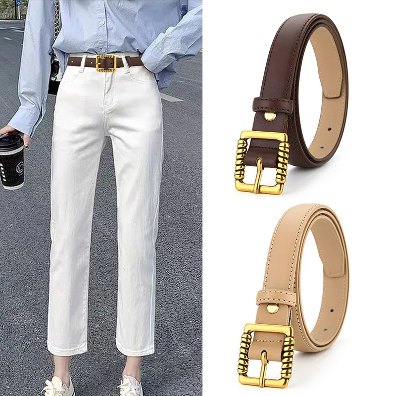 

2023 New Cow Leather Belt Pattern Square Button Vintage Elegant Coat Jeans Luxury Decorative Designer Belt