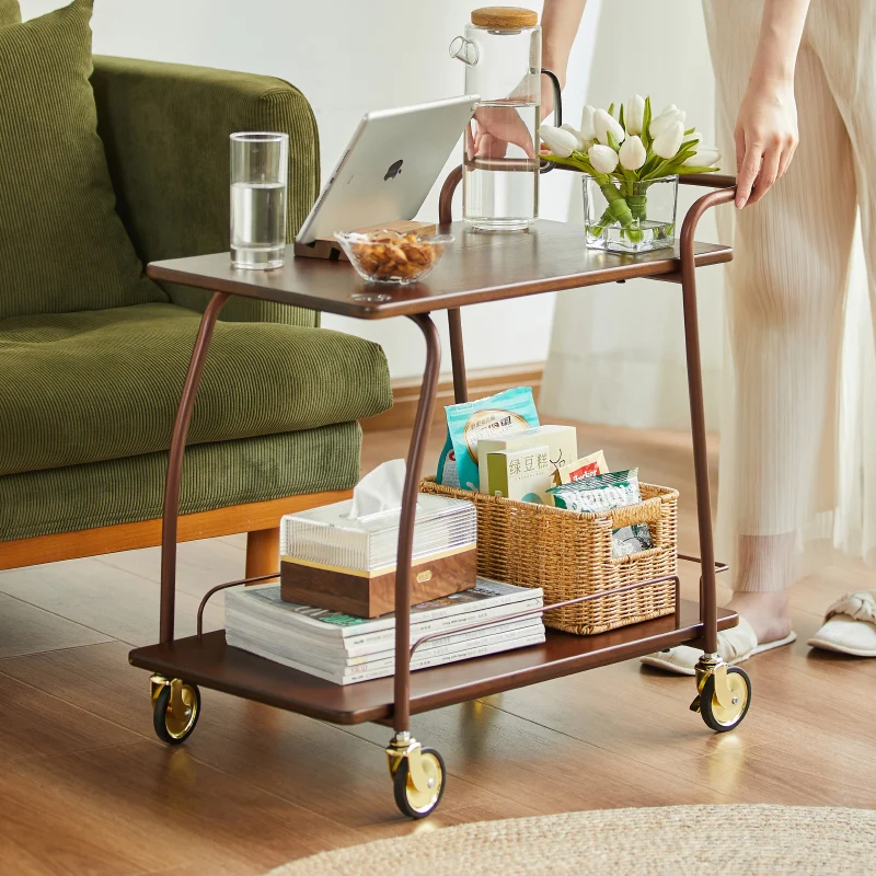 /How good is Nalan double-layer movable with wheel edge American retro cart sofa bedside kitchen wooden tea table Home
