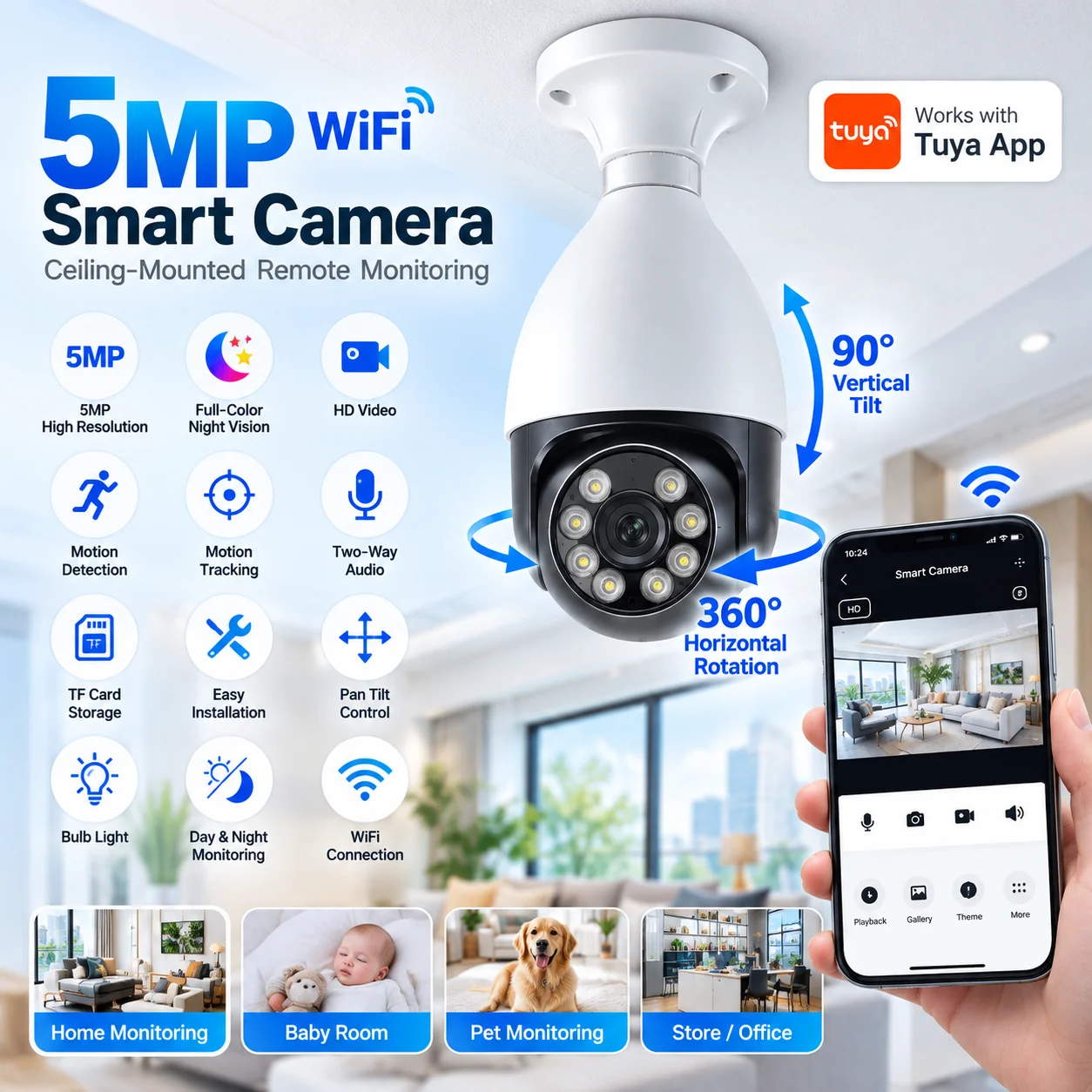 5MP E27 Tuya Bulb Security Camera PTZ 5GHz WiFi Outdoor Color Night Vision Smart Life CCTV Surveillance