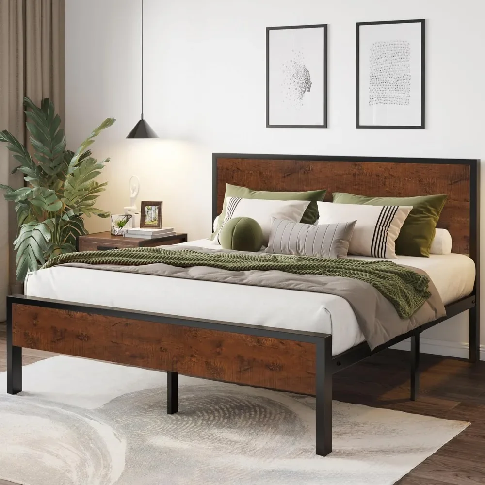 

Queen Bed Frame with Headboard, Under-Bed Storage, Solid Metal Construction, No Box Spring Needed, Saddle Brown