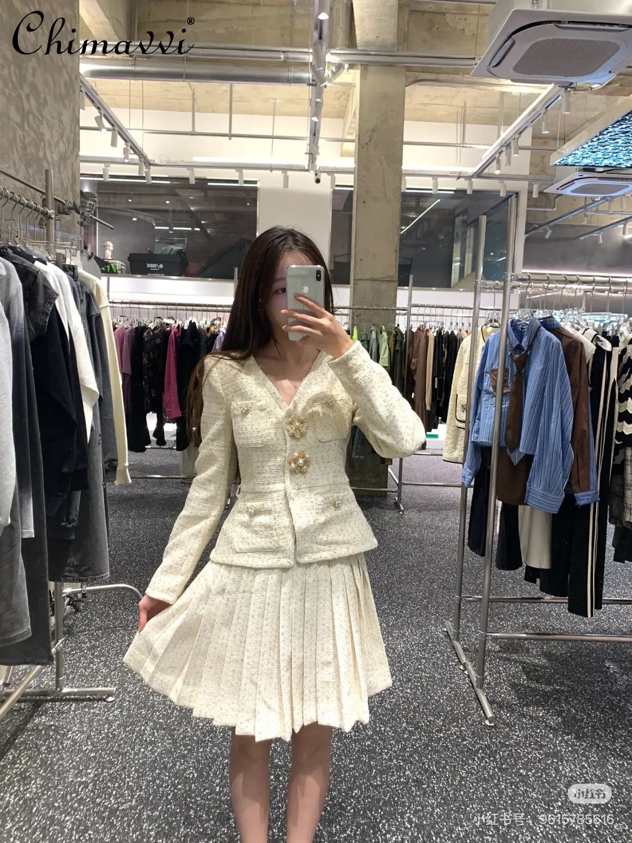 Autumn French Fashion V-neck Waist Tweed Elegant Two-piece OL Long-sleeved Single-breasted Jacket Skirt Set Women\'s Outfits