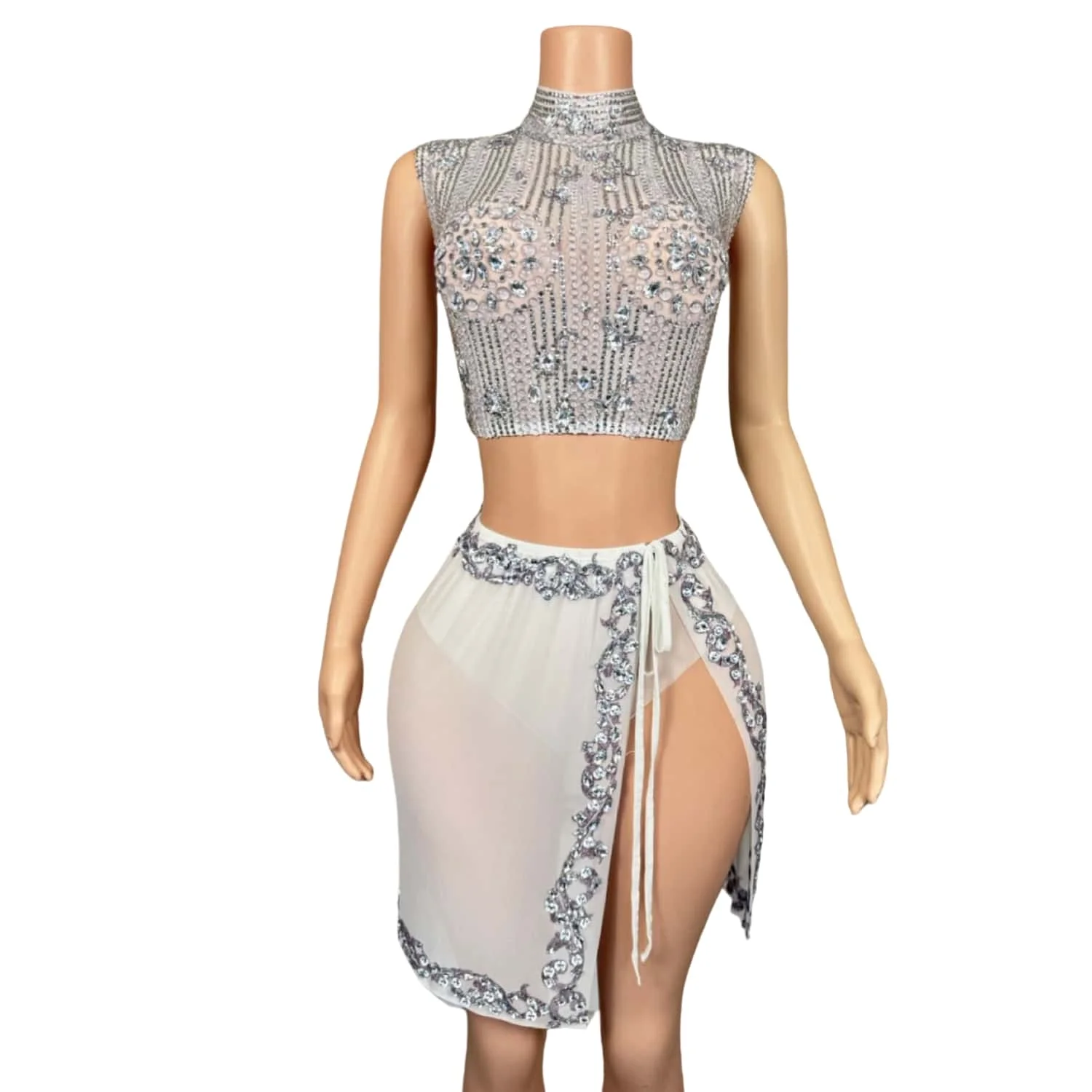 Conjunto de dos piezas Luzhu elegante de malla transparente con pedrería de cristal plateado, top corto de cuello alto y falda ajustada con abertura alta para mujer