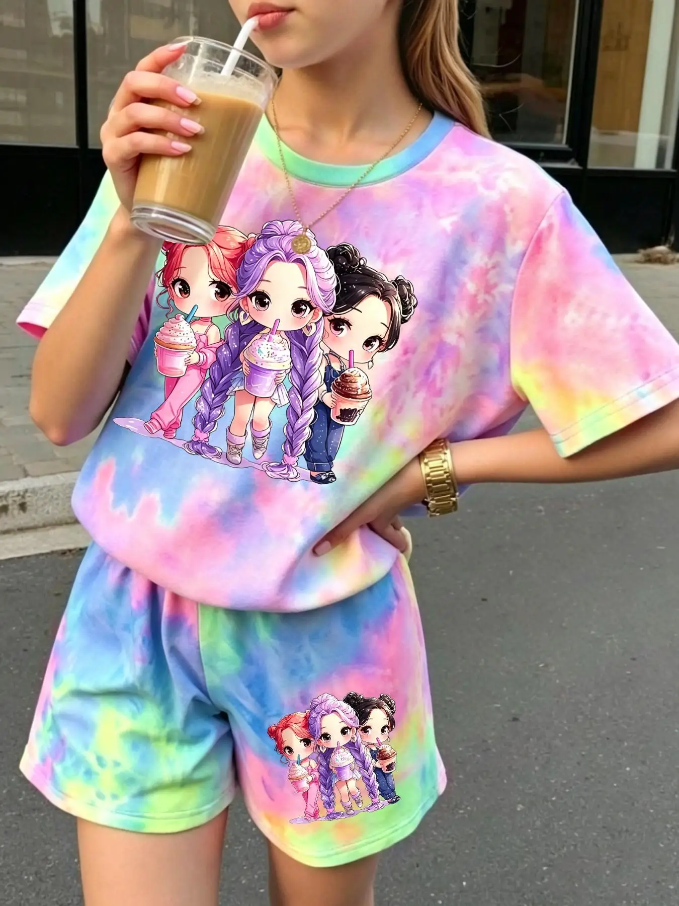 Girls' Summer Cartoon Print Tie-Dye Set - Casual Loose Short-Sleeve T-Shirt + Elastic Waist Shorts Two-Piece Set, Girls' Summer Street Style Sports Outfit Suitable for Girls over 3 Years Old