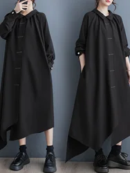 Slimming Effect Long Dress Spring New Loose Splicing Irregular Hemline Dark Color Contrast Women's plus Size Casual Dress
