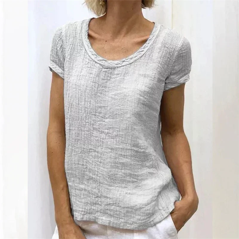 Women Double Crepe Cotton Shirt O Neck Pullover Fashion Blouse Summer Solid Color Comfortable Casual Female Short Sleeve Tops 24