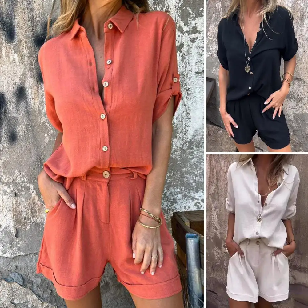 Women Loose Fit Pants Suit Versatile 2-piece Shirt Pants Suit Chic Lapel Collar Blouse High Waist Shorts Set for Commute Outfits