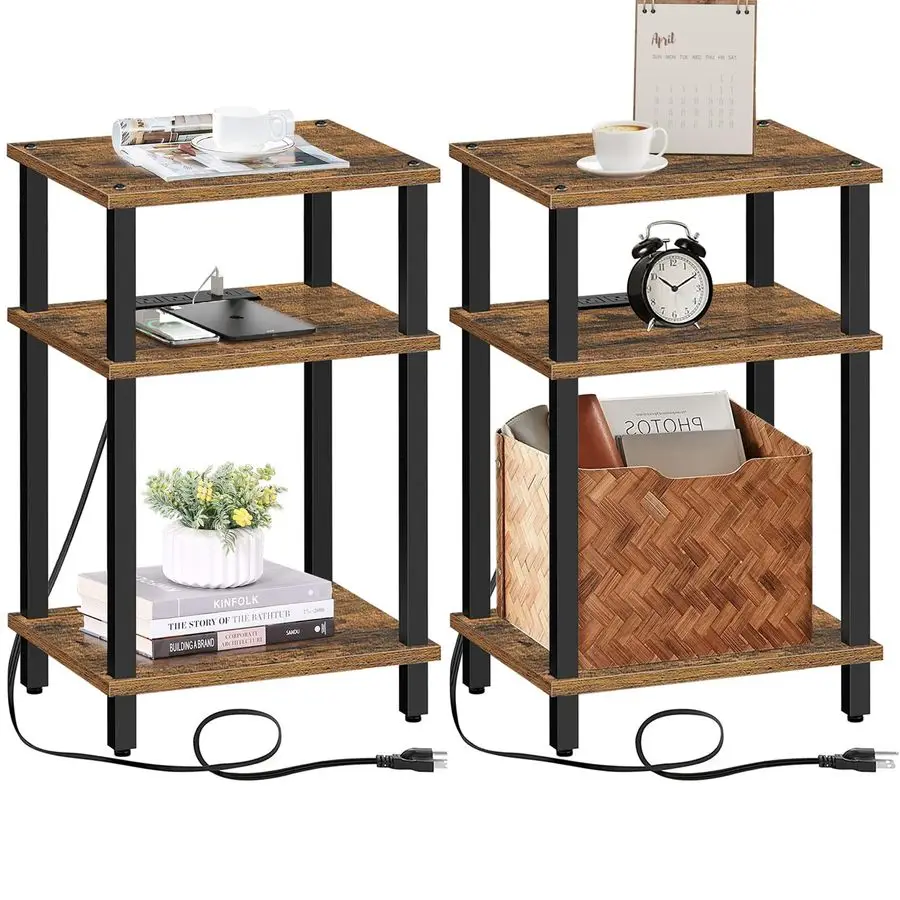 

Set of 2 End Table with Charging Station, Side Table with USB Ports and Outlets, Nightstand, 3Tier Storage Shelf, Sofa Table for