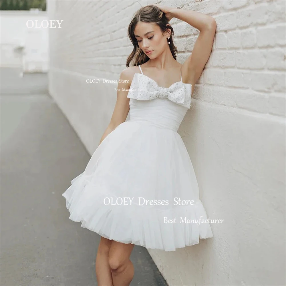 OLOEY Simple 2024 Wedding Dresses Spaghetti Straps Above Knee Beading Crystal Bow Bridal Gown Sleeveless Custom Bridesmaid Dress