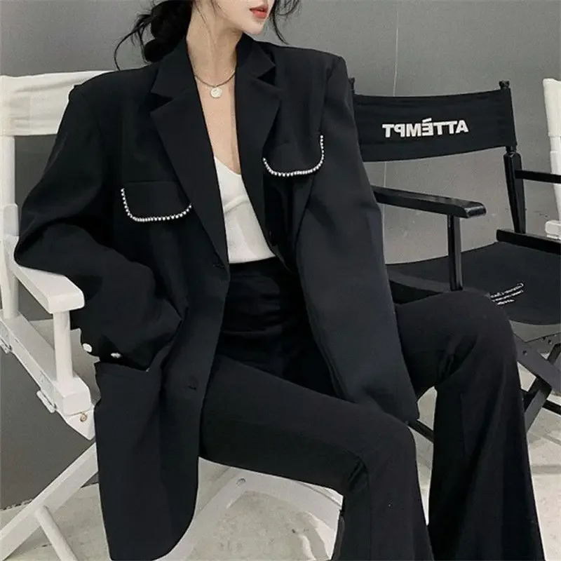 Luxury Designer Clothing Beading Long Sleeve Blazer Women Black Suit Korean Fashion Jacket Loose Office Ladies Coats
