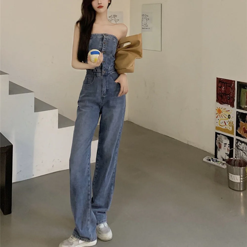 Spring Autumn New Temperament Sexy Sleeveless Tube Denim Wide-leg Jumpsuits Women Fashion Streetwear 2022