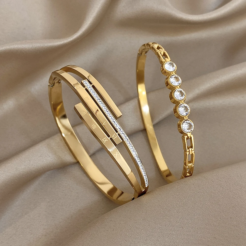 Greatera Damen-Armband mit römischen Ziffern, Kreuz-Set, Strass-Intarsien, Charm, schlicht, dünn, originelles Design, Edelstahl-Armreifen