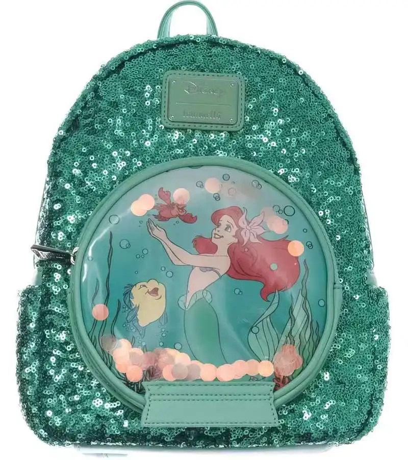 Christmas Gift Loungefly Disney Mermaid Princess Ariel Cartoon Printed Green Glitter Women'S Backpack Christmas Gift