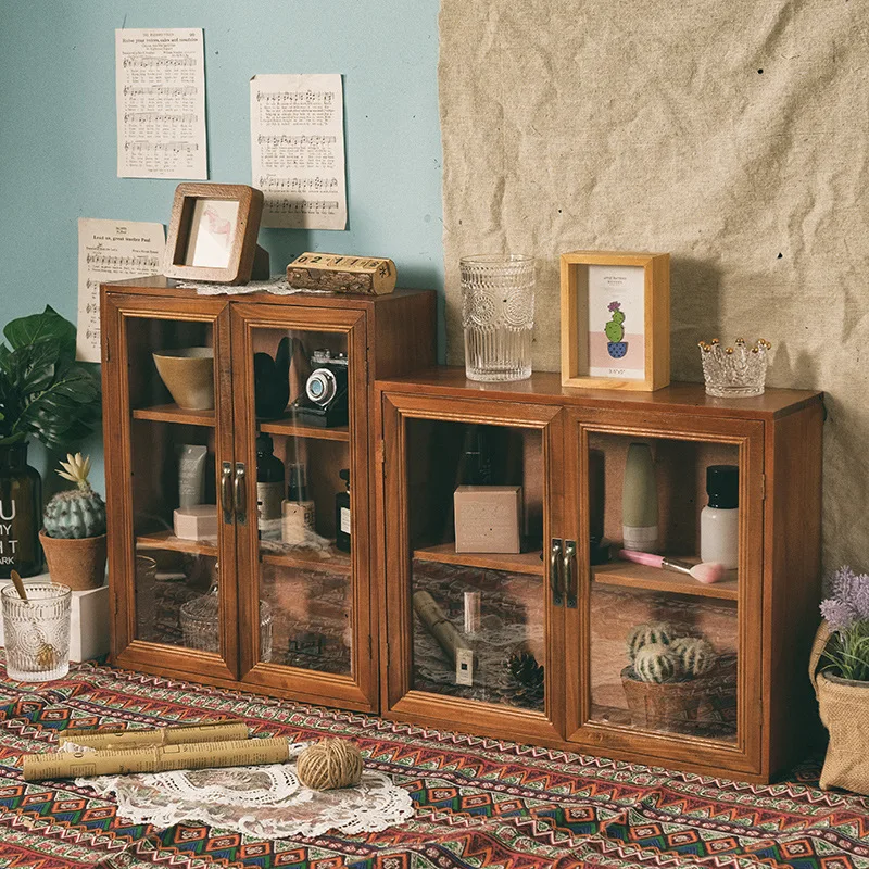 Home Vintage Hand-Made Dustproof Storage Cabinets Double Door Multi-Layer Finishing Hotel Decoration Wooden Tea Set Storage Cabi