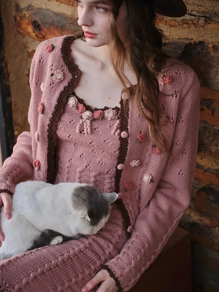 80-92cm Spring Fall Pink Knitted Wool Dresses Women French Vintage Elegant Slim Handmade Crochet Flowers Hollow Out Sling Dress