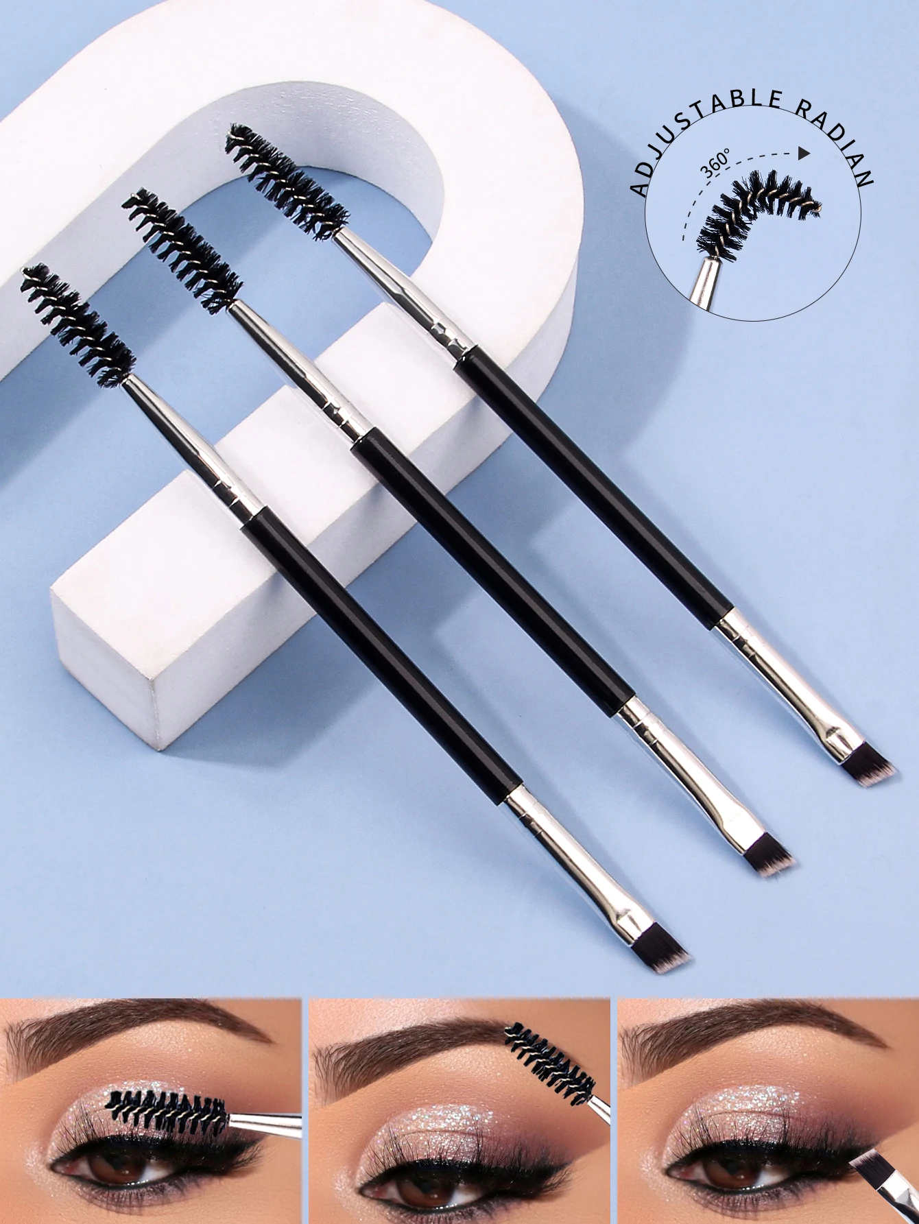 3-teiliges Professionelles Ein- und Doppelendiges Winkel-Augenbrauen- und Wimpernpinsel-Set Hochwertiger Augenbrauenstift Eyeliner-Pinsel – Detail 1