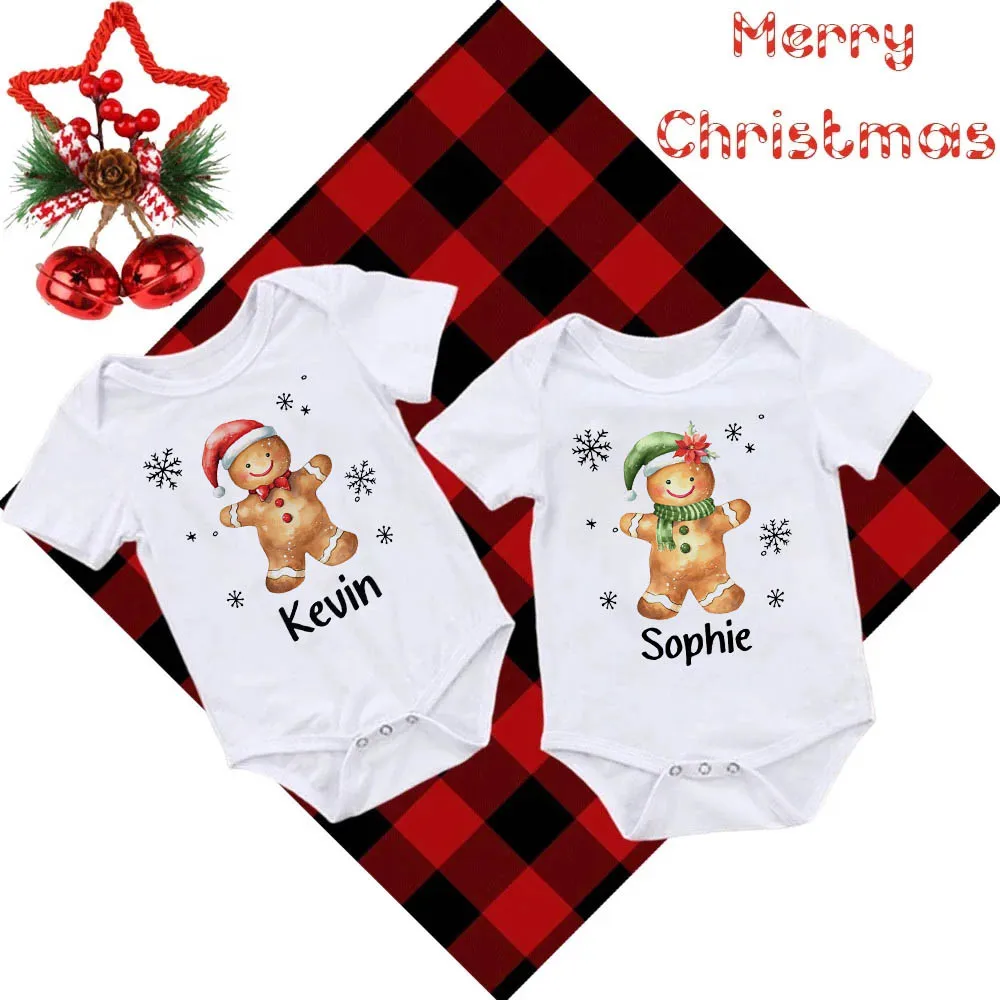 

Personalized Gingerbread Man with Name Baby Bodysuit Christmas Party Newborn Clothes Toddler Bodysuit Infant Short Sleeve Romper