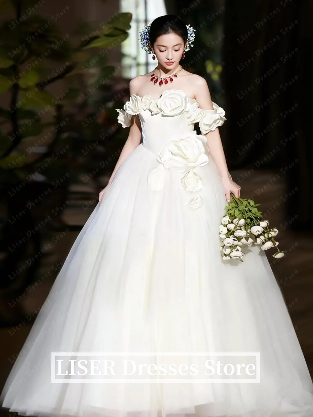Liser Off Shoulder Korea Wedding Dresses Appliques Satin Silk Customized Photo Shoot Elegant Bridal Gowns 웨딩드레스 Bride Dress