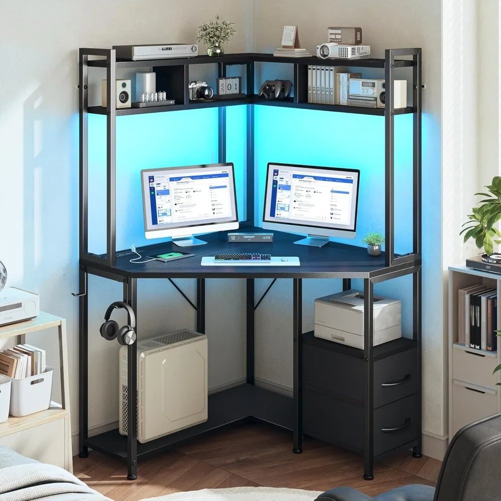

Corner Desk,35.4 W x 63 H Small Computer Desk and Office Desk with Hutch & LED Lights，Gaming Desk with Storage Drawers & Shelves