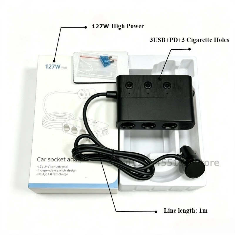 128W 7-in-1 DC Cigarette Outlet 12-24V Car Cigarette Lighter Socket Splitter with Switch PD30W QC3.0 Charge Independent Switches