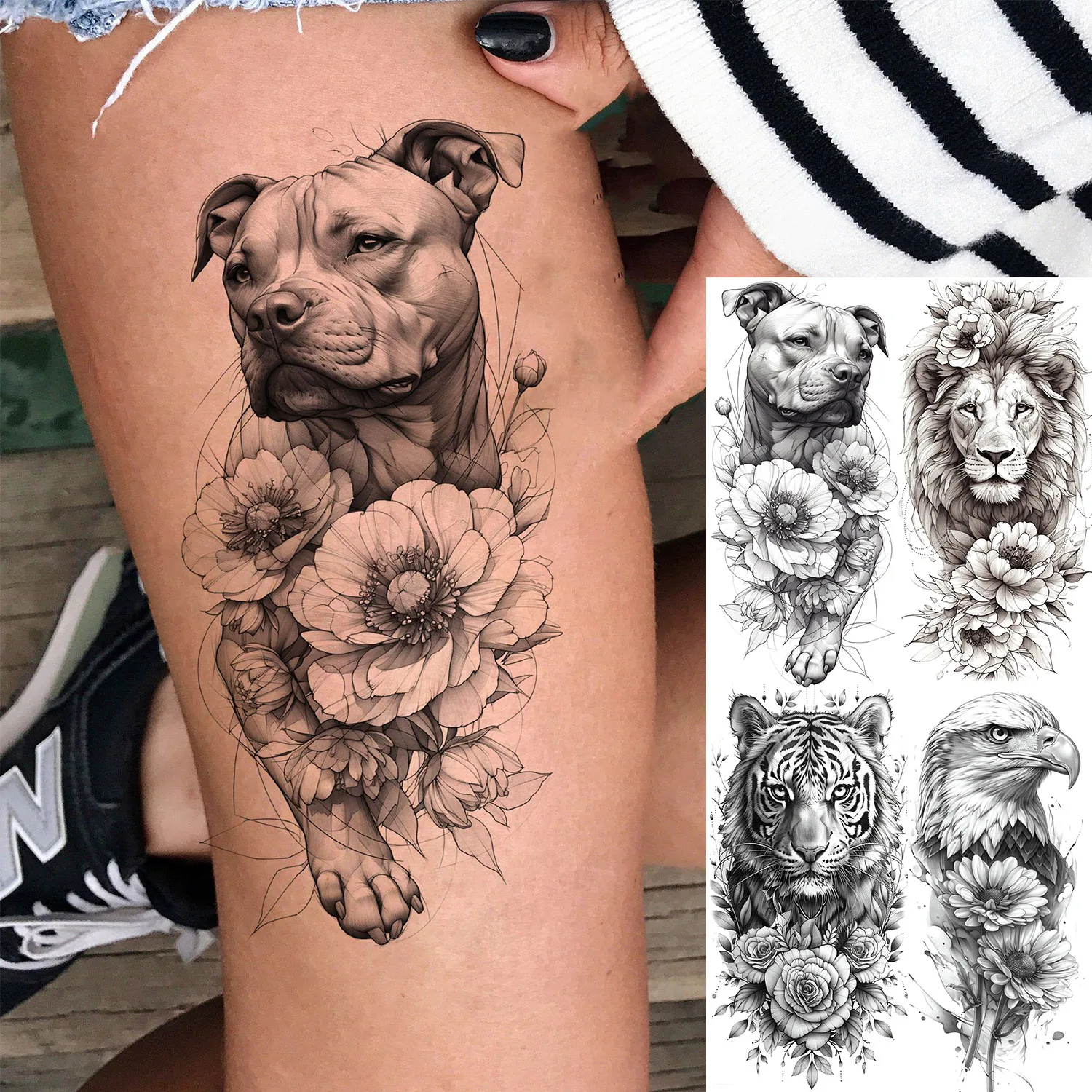 

1 Sheet Unique Dog With Flowers Temporary Tattoos Realistic Floral Animals Fake Tattoos Waterproof Long Lasting Tatoo Stickers