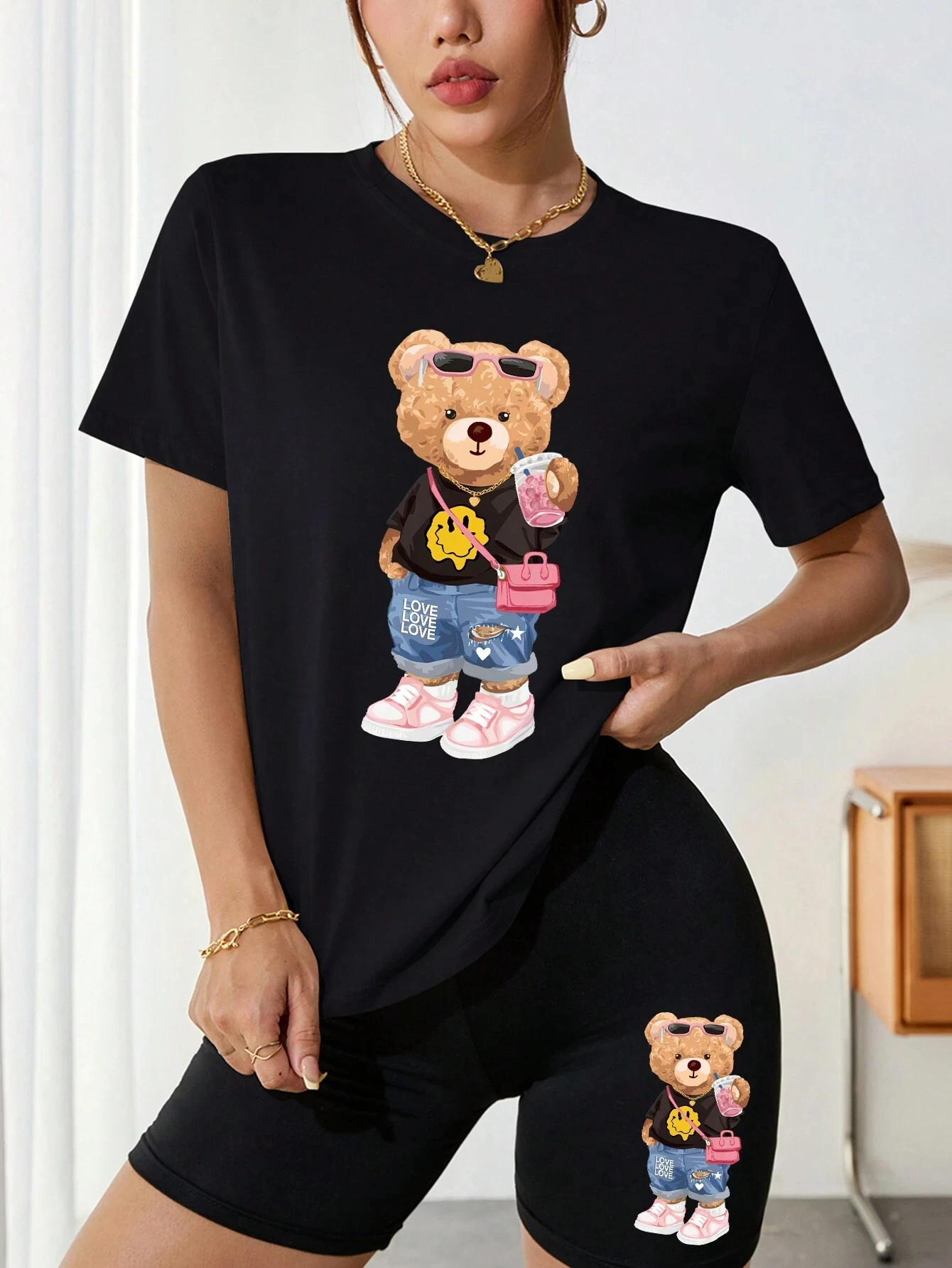 Bear Sister Drinking Milk Tea Printing Women T Shirts Two Piece Set Hip Hop Shorts Sets Breathable Summer Soft Shirt Shorts Female