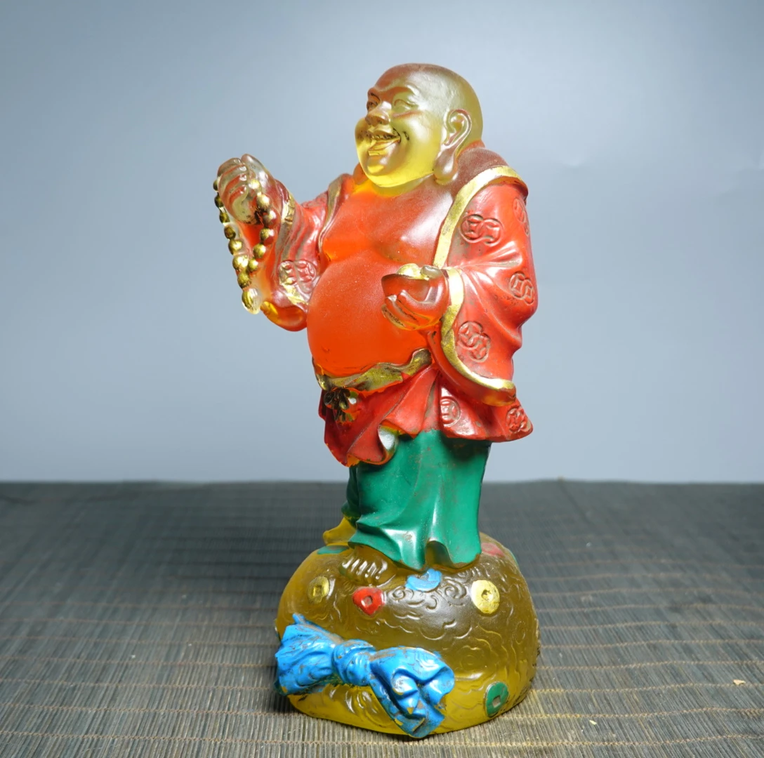 Ancient China Colored Glaze Colorful Liuli Crystal Maitreya Buddha Statue Fengshui Home Decor Decoration Accessories Living Room
