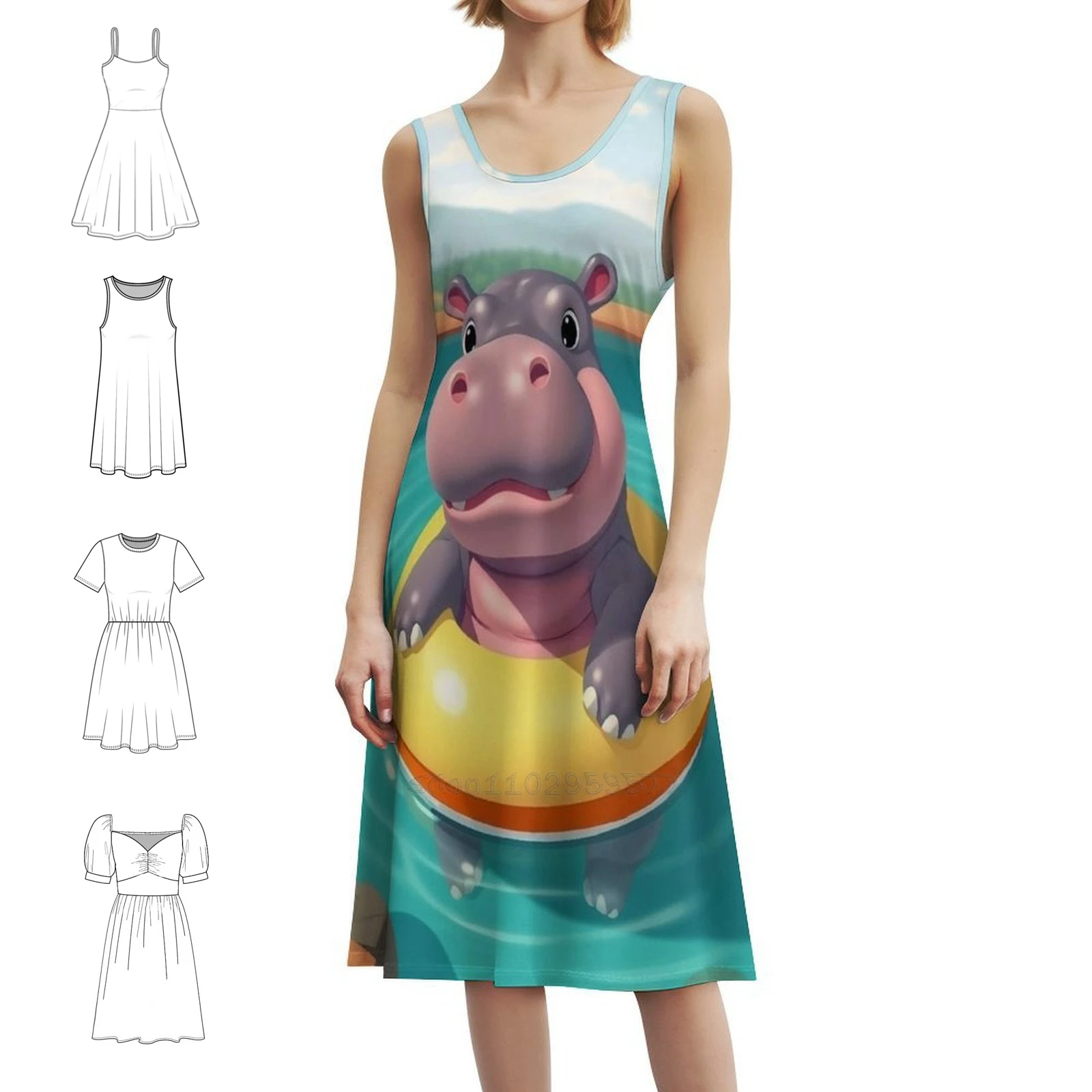 Chilling Hippo Women's Elegant Party Dress A-Line Dress With Short/Long/Sleeveless Options Hippos Baby Hippo Kawaii Hippo