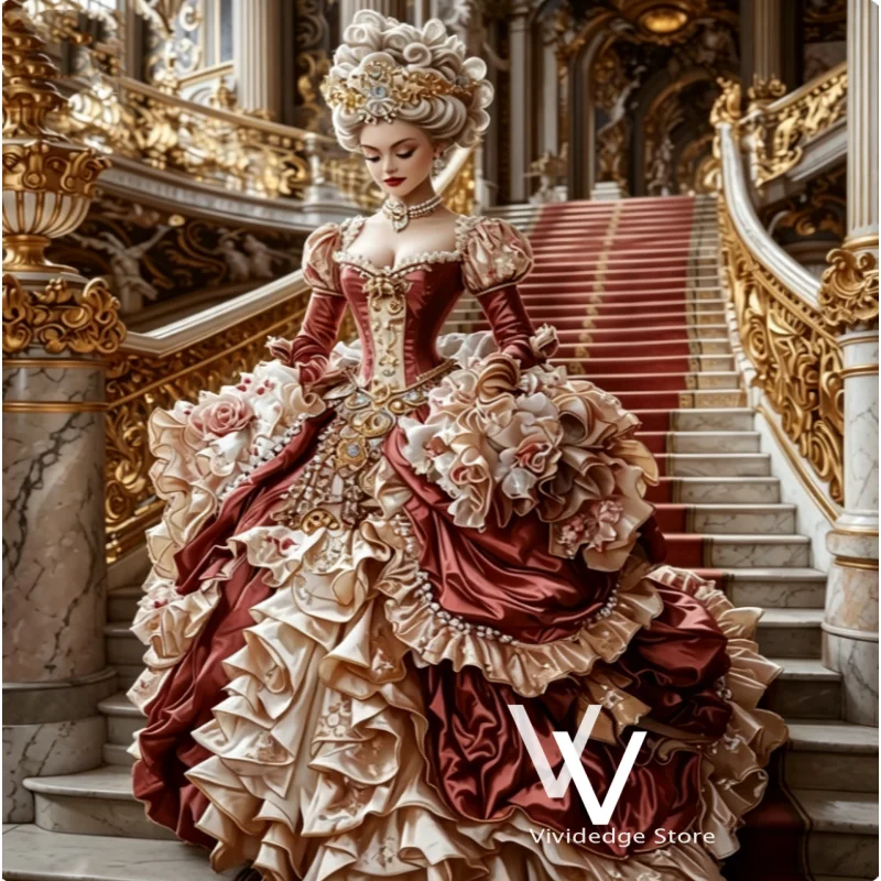 Viktorianisches Ballkleid Luxuriöses Ziegelrotes Rokoko-Vintage-Geburtstagskleid mit langen Ärmeln Marie-Antoinette-Abendkleid mit Puffärmeln Maßanfertigung