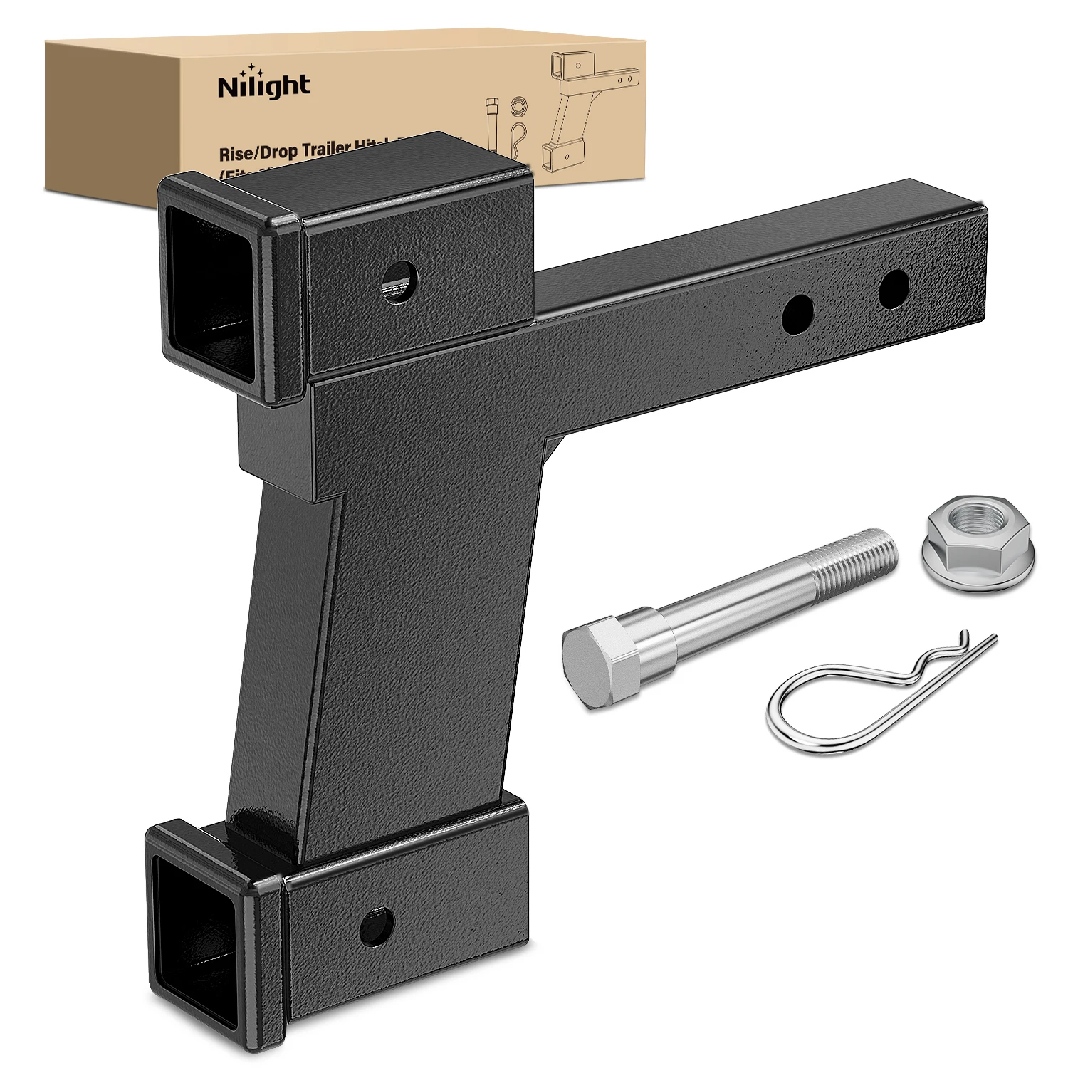 Nilight Trailer Hitch Extension Riser for 2 Inch Receiver with 2 and 8Inch Rise or Drop with Bolt Nut Clip 10,000 lbs Capacity Adjustable Extend 8" 10" Length Black Coated for Class I-VI Receivers