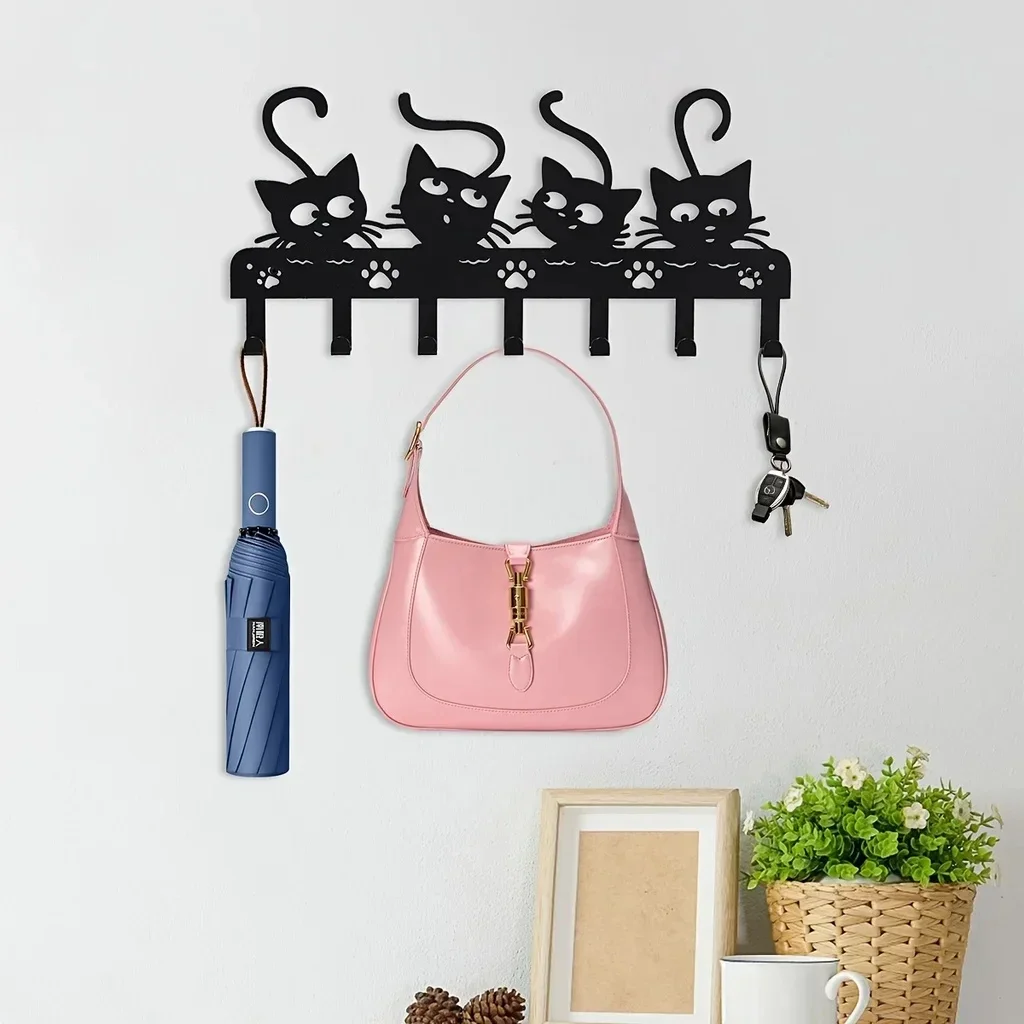 Metal Cats Wall Hooks Key Holder Halloween Cats Decorative Hooks Rack Hangers Iron Hook Wall Mounted Hooker With 7 Hooks1pc