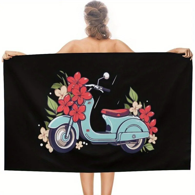 

1 polyester fiber beach towel, 27.5x55 inch square woven quick drying towel with floral motorcycle pattern, suitable for sports,