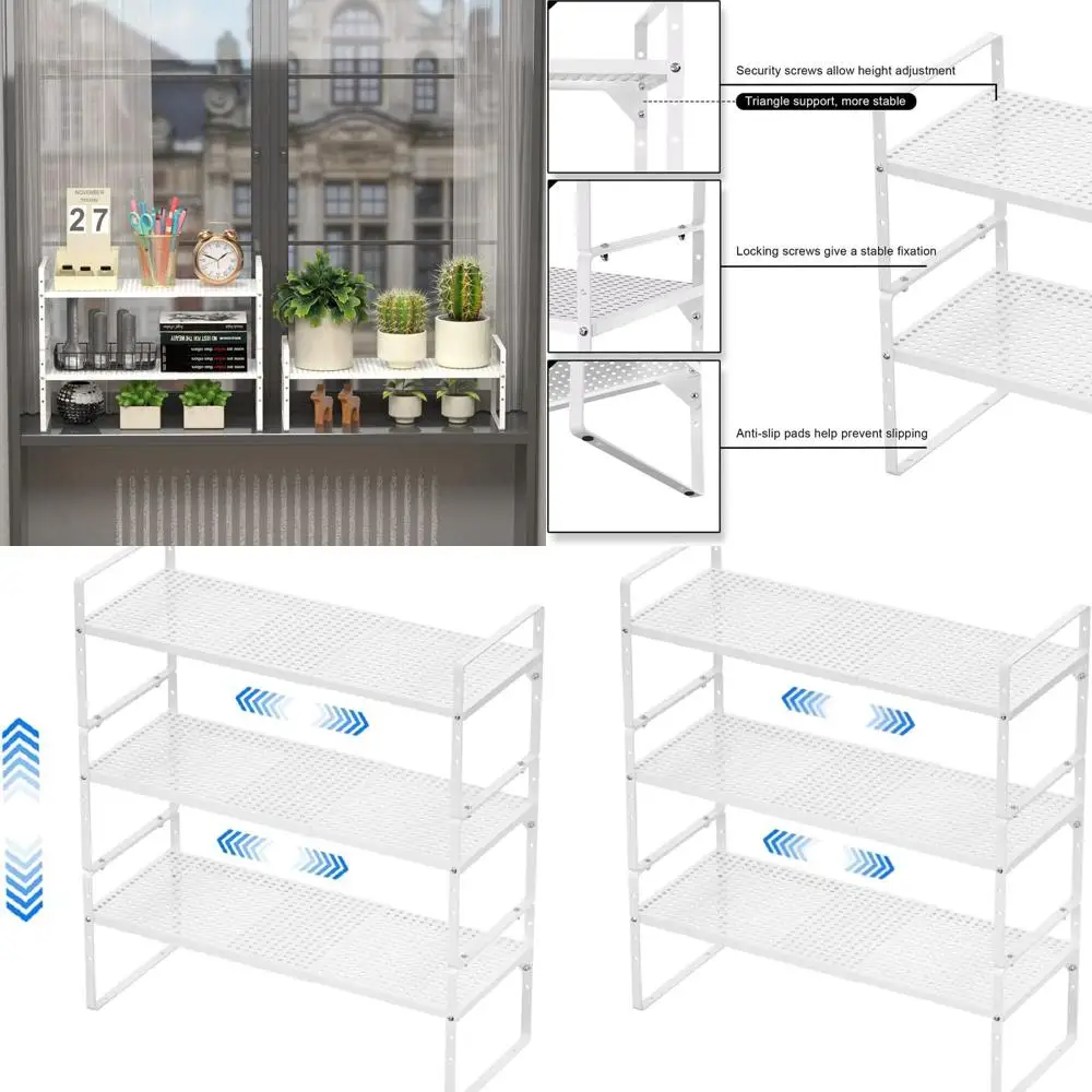 

Stackable Kitchen Pantry Organizer, Large Metal Plate Shelf, 3-Pack White Storage Rack for Cabinets & Bathrooms