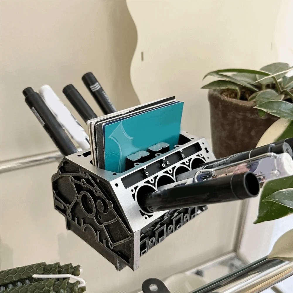 Resin Engine Shape Business Card Holder Black Large Capacity Business Card Bracket Decorative Pen Holder Office Desk Organizer