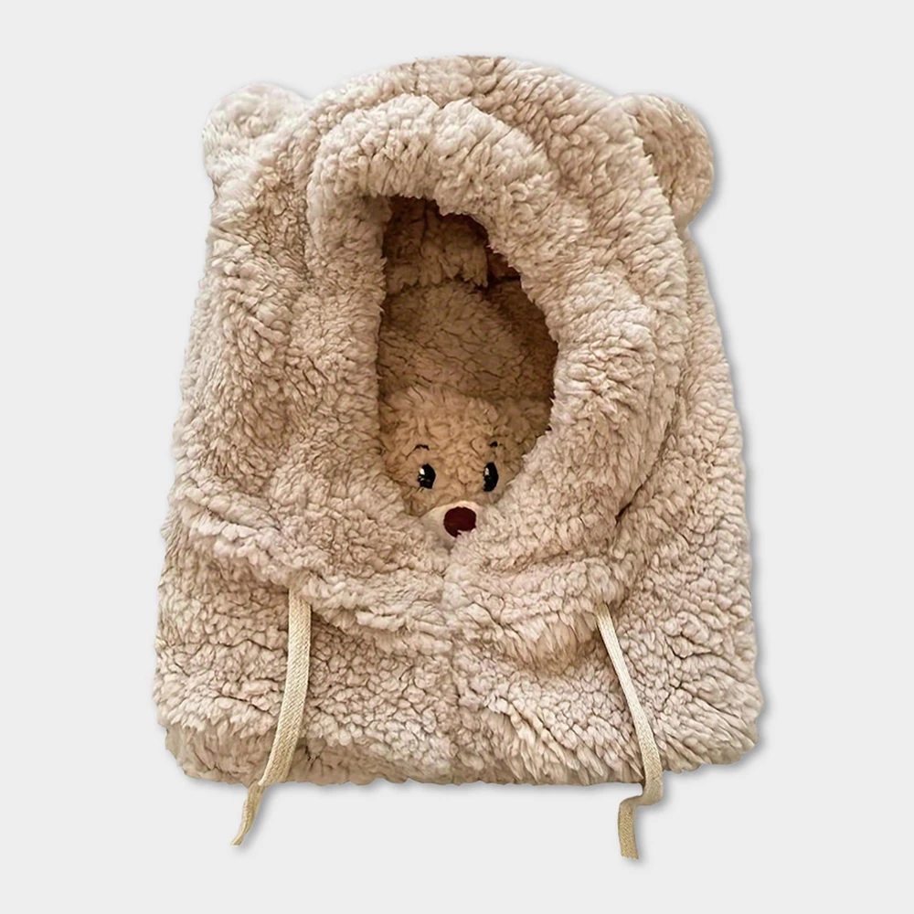 Cartoon Bear Fuzzy Hat, Ear & Neck Protection Winter Cute Hooded Hat, Comfortable Thermal Beanie Hat image 6