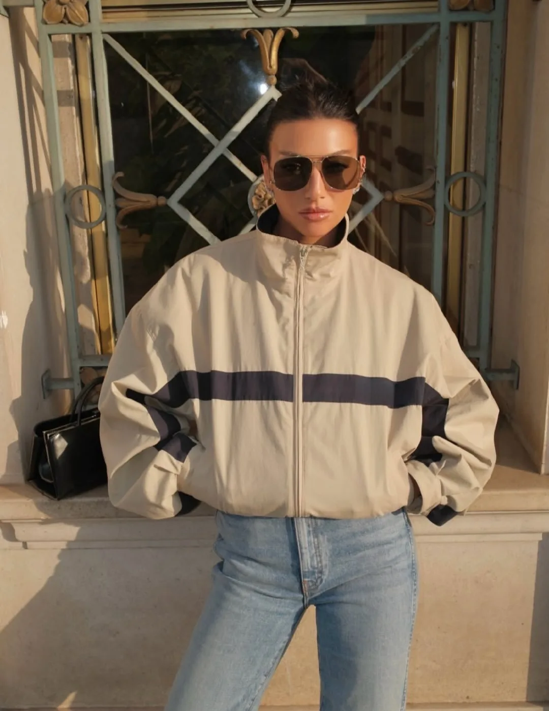 Fashion Color Blocking Loose Cropped Jacket Women Autumn Winter Zip Up Stand Collar Baseball Coats Streetwear Casual Outwear
