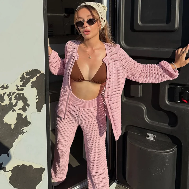 

Tornova 2025 New Hollow Knitted Pant Sets Women's Solid Button Sweater Cardigan Loose Casual Suit High Waist Straigh Pant Outfit