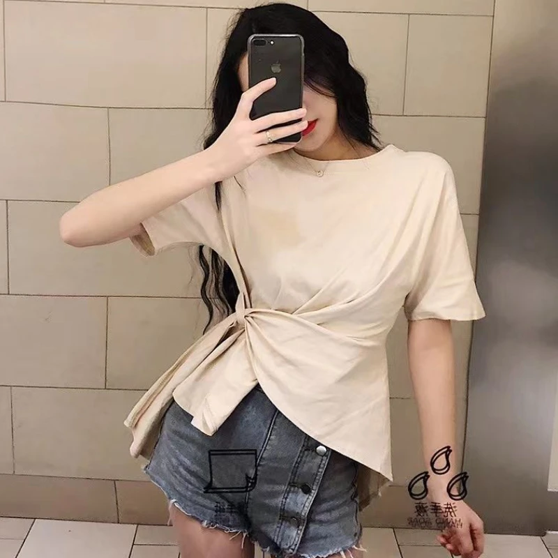 T-shirts Women Bandage Fashion Irregular Design Streetwear All-match Simple Elegant Korean Style Leisure Personality Tender Ins