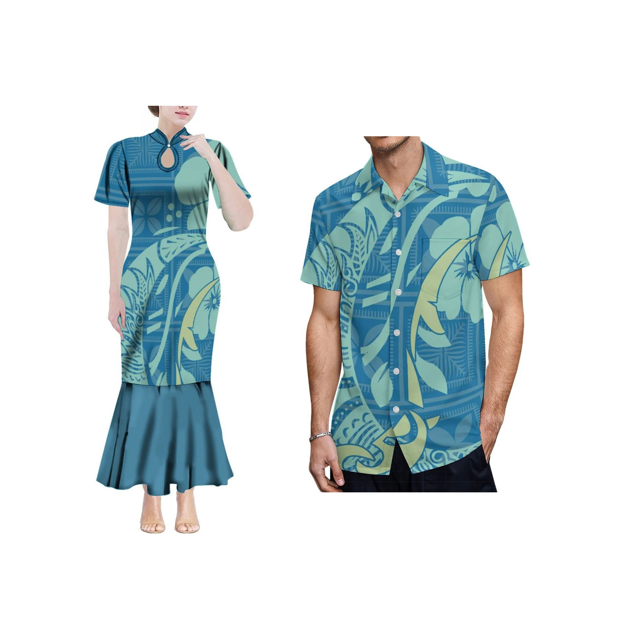 Custom Logo Polynesian Design Party Dress Women Fishtail Mermaid Tonga Samoan Mandarin Collar Short Sleeve Dress