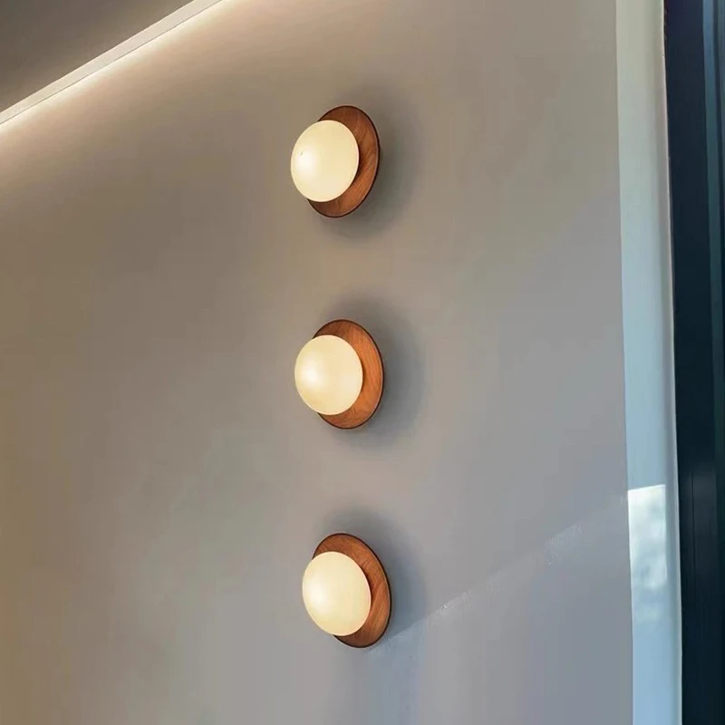 Wabi-sabi Style Nature Wood Walnut Color Bedroom Bedside Wall Lights Milky White Round Glass Wall Lamp for Hallway Stair Aisle