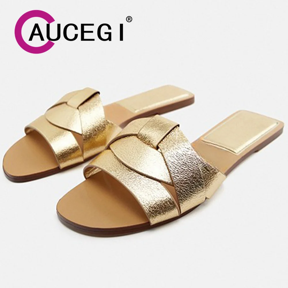 

Aucegi Classic Style Women Flat Heels Split Leather Plus Size 43 Slippers Peep Toe Gladiator Sandals Luxury Dress Handmade Shoes