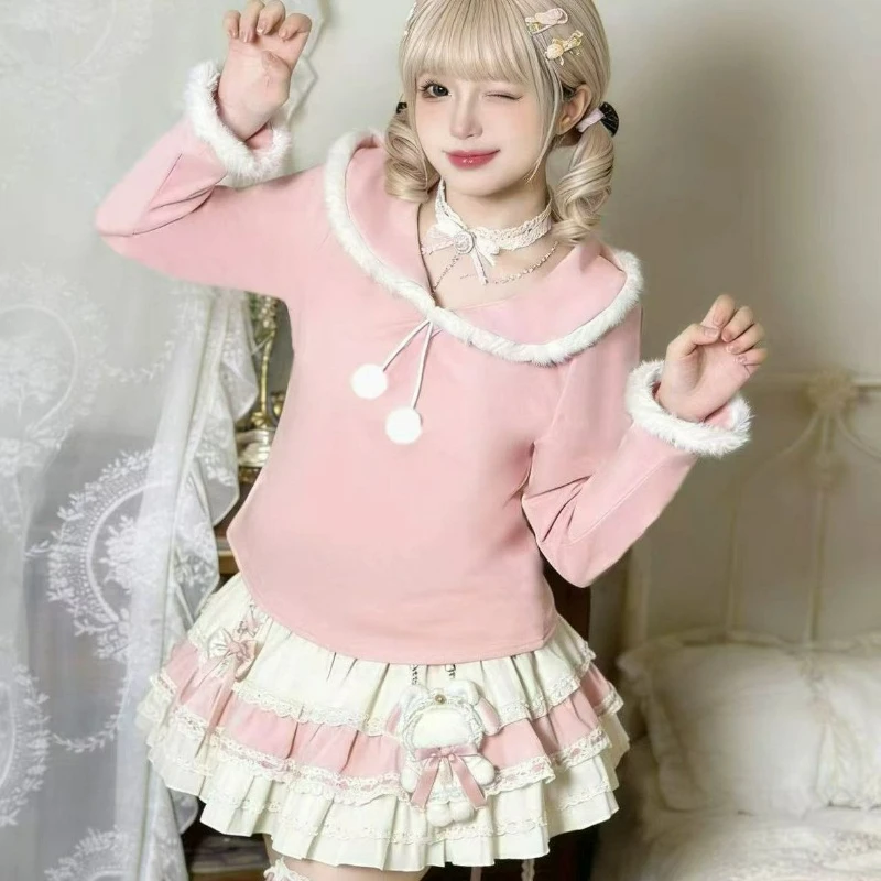 

Японские футболки в стиле Sweet Lolita для женщин: милые розовые плюшевые лоскутные топы с воротником Питер Пэн, свободного кроя, осенне-зимние, теплые